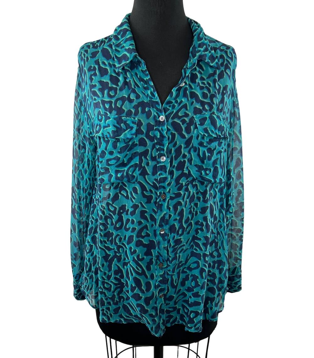 EQUIPMENT Blue Green Signature Silk Leopard Print Button-Up Long Sleeve Shirt L